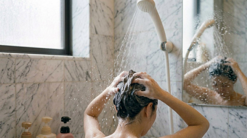 Woman washing her hair under a handheld shower in a bathtub
