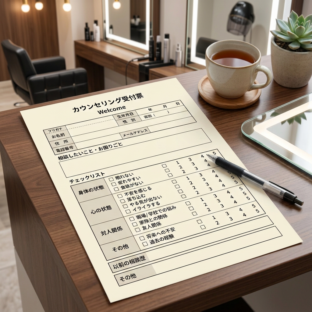 美容室の座席で記入する人物