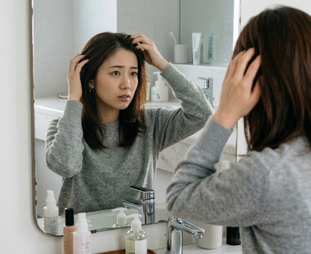 洗面台の鏡を見る女性