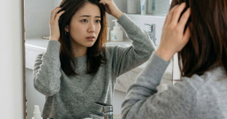 洗面台の鏡を見る女性